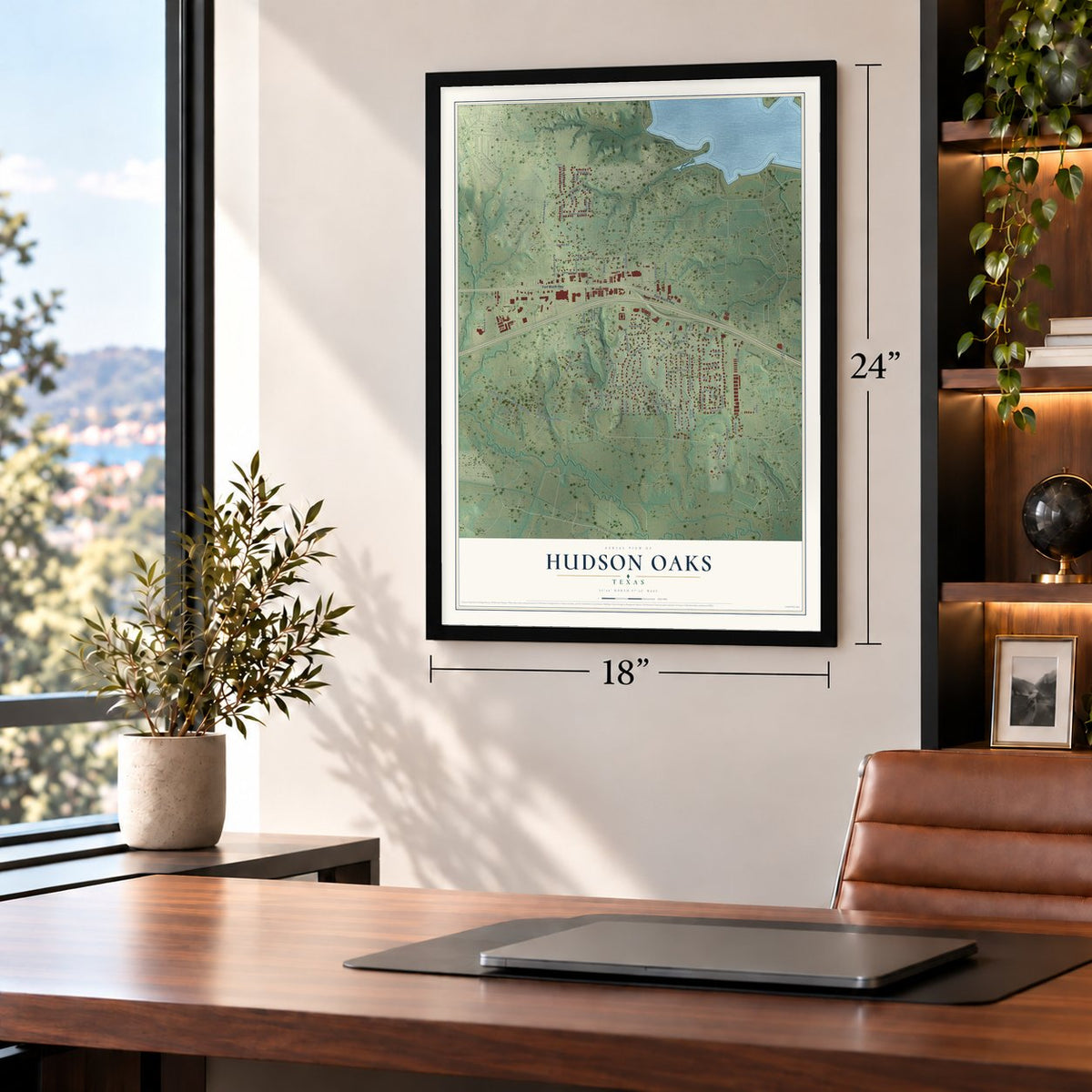 Hudson Oaks, Texas map, 18 x 24 inch print in a black frame in a home office