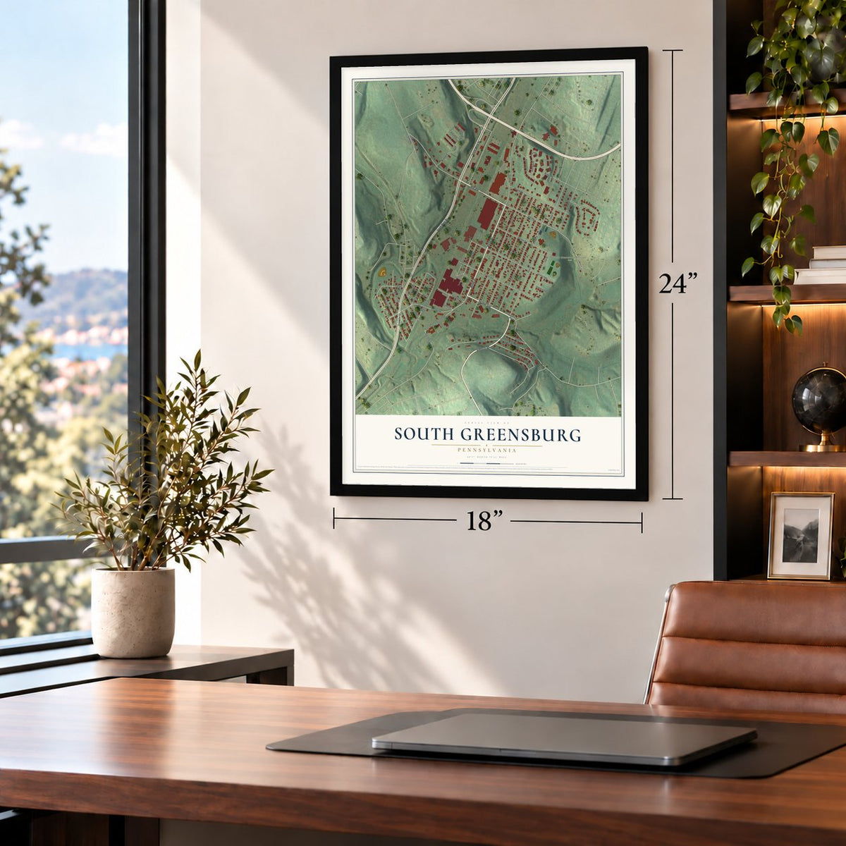 South Greensburg, Pennsylvania map, 18 x 24 inch print in a black frame in a home office