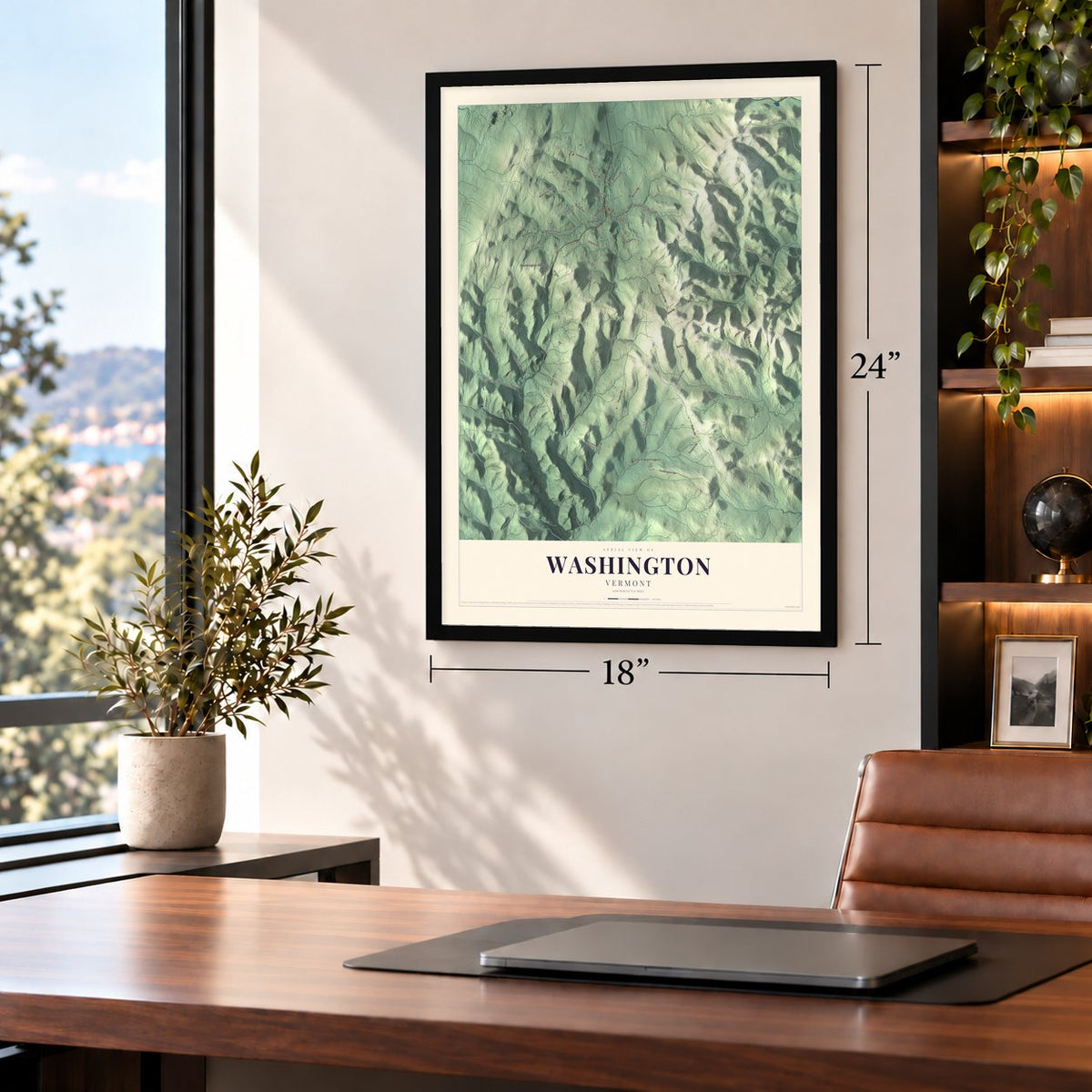 Washington, Vermont map, 18 x 24 inch print in a black frame in a home office