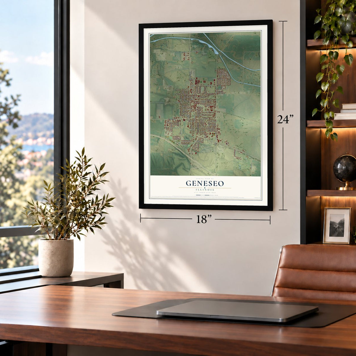 Geneseo, Illinois map, 18 x 24 inch print in a black frame in a home office