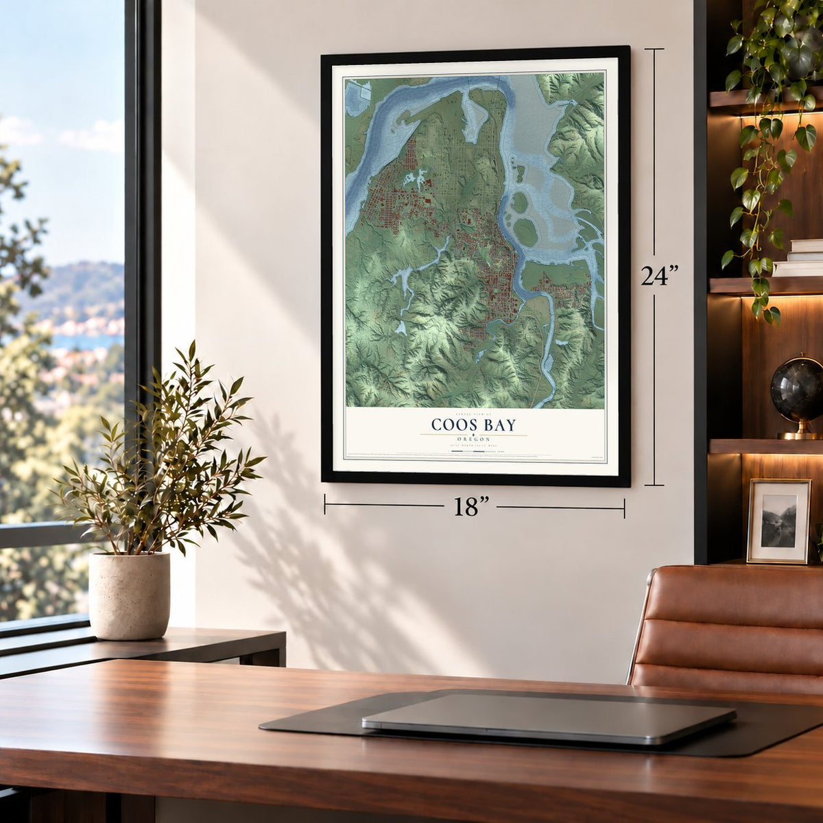 Coos Bay, Oregon map, 18 x 24 inch print in a black frame in a home office