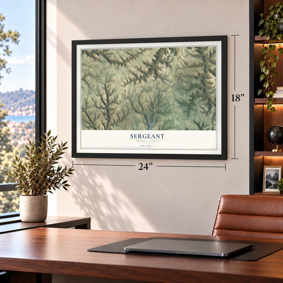 Sergeant, Pennsylvania map, 18 x 24 inch print in a black frame in a home office