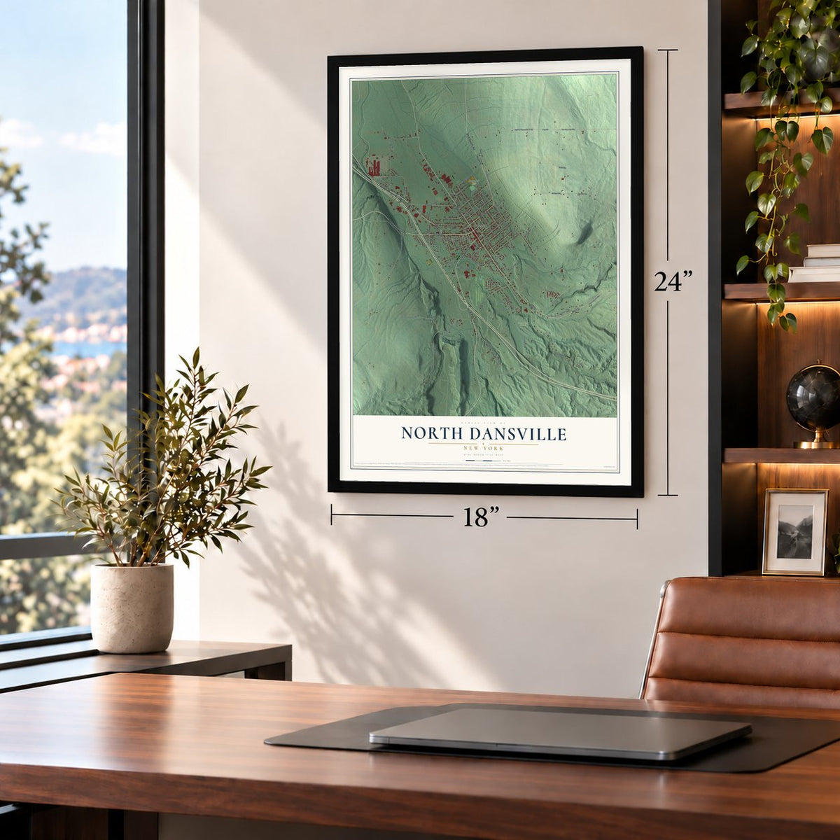 North Dansville, New York map, 18 x 24 inch print in a black frame in a home office