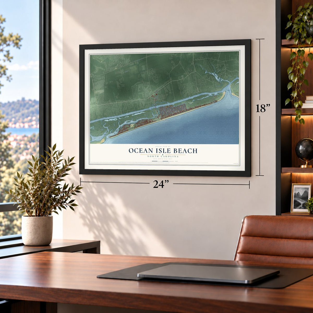 Ocean Isle Beach, North Carolina map, 18 x 24 inch print in a black frame in a home office