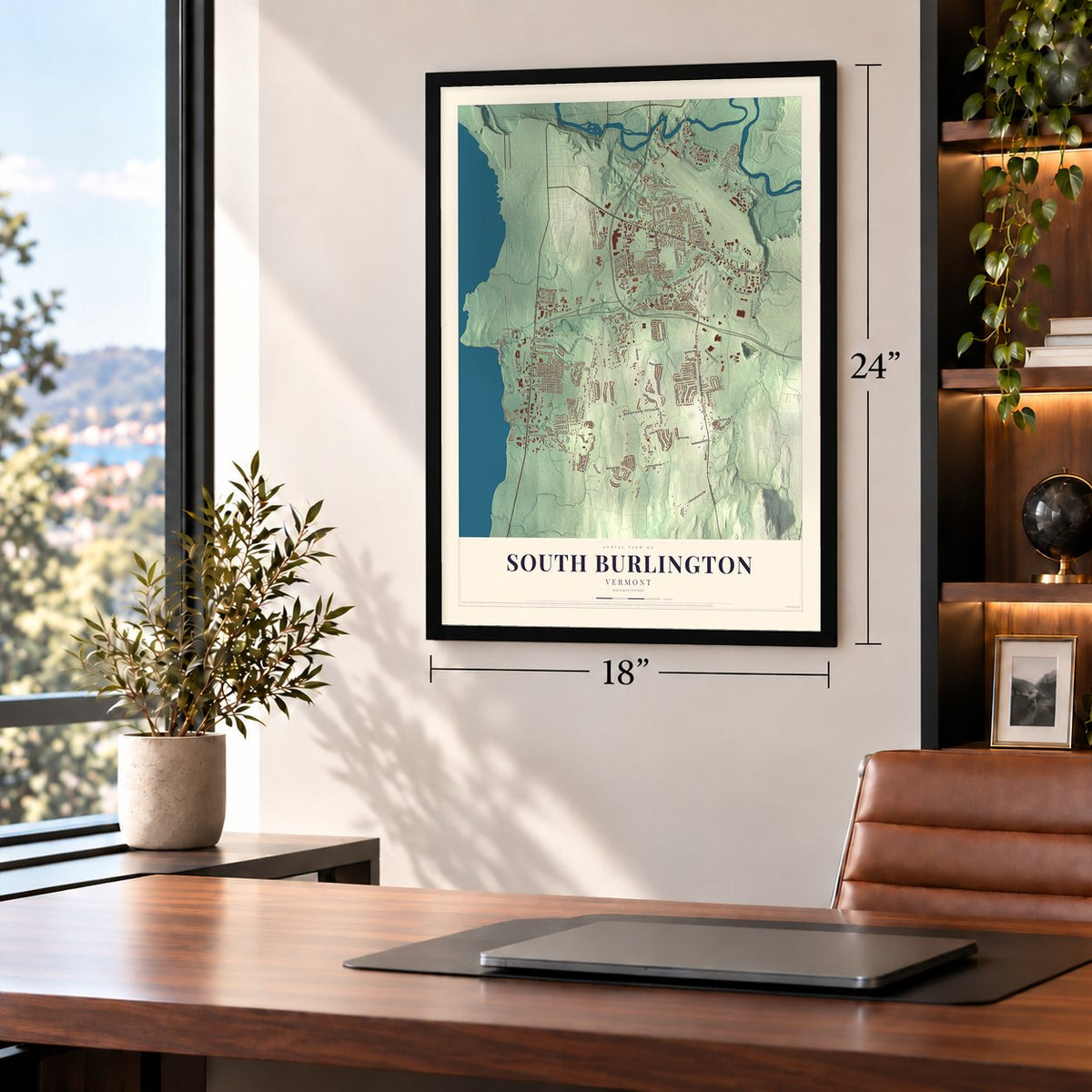 South Burlington, Vermont map, 18 x 24 inch print in a black frame in a home office