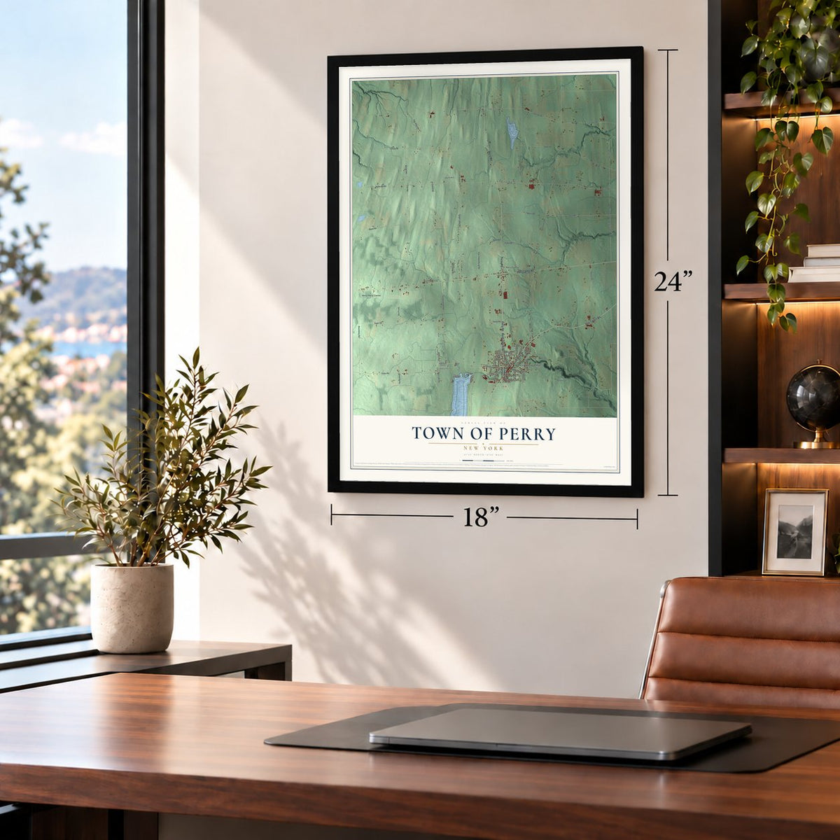 Town of Perry, New York map, 18 x 24 inch print in a black frame in a home office