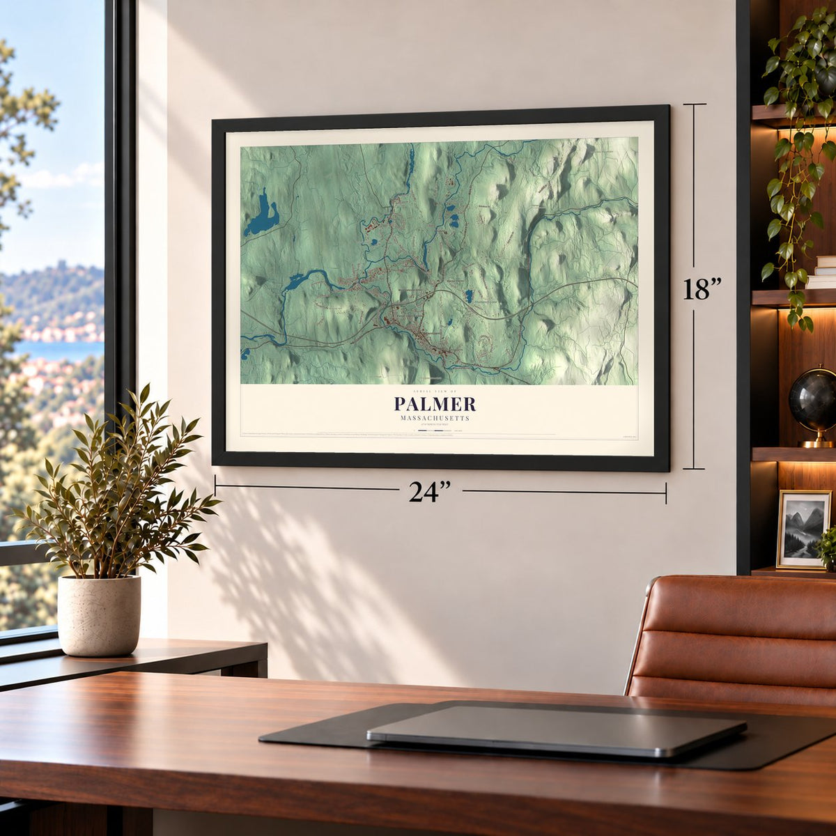 Palmer, Massachusetts map, 18 x 24 inch print in a black frame in a home office