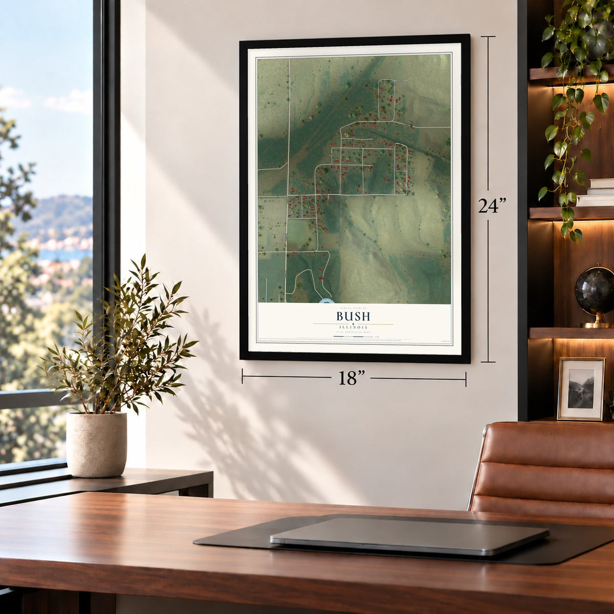 Bush, Illinois map, 18 x 24 inch print in a black frame in a home office