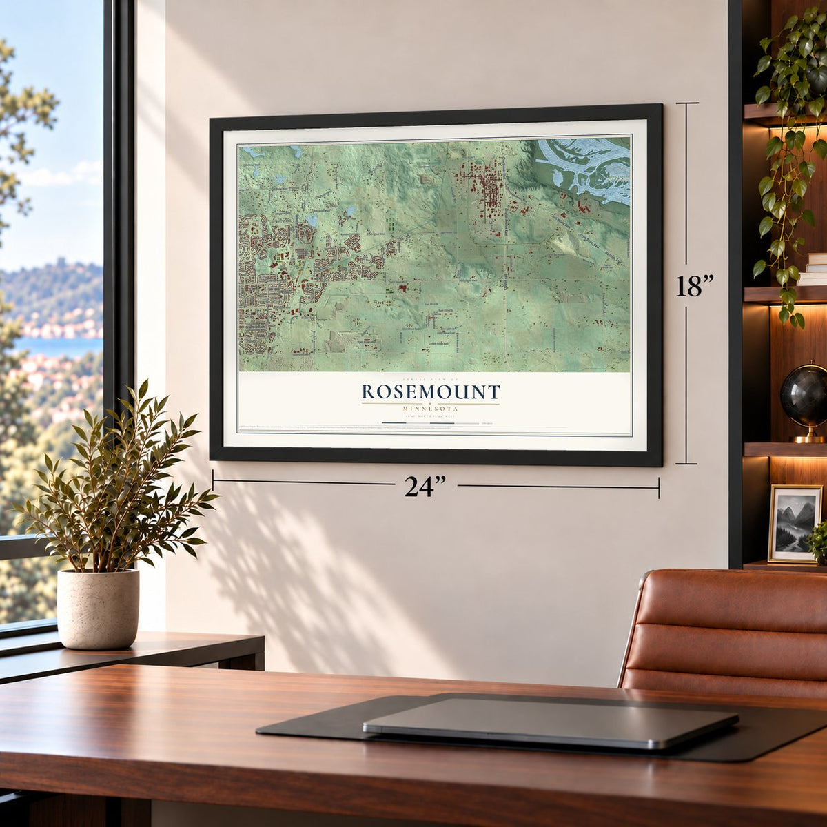 Rosemount, Minnesota map, 18 x 24 inch print in a black frame in a home office