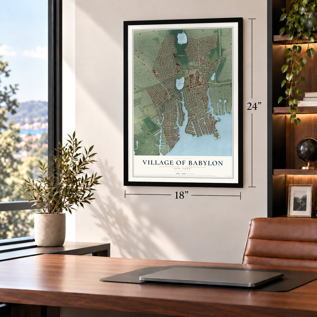 Village of Babylon, New York map, 18 x 24 inch print in a black frame in a home office