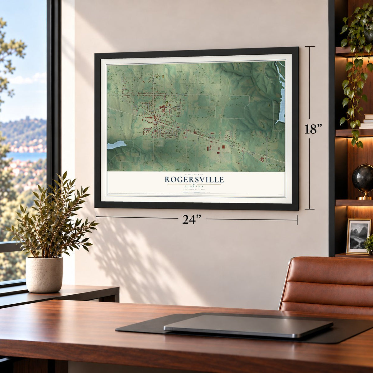 Rogersville, Alabama map, 18 x 24 inch print in a black frame in a home office