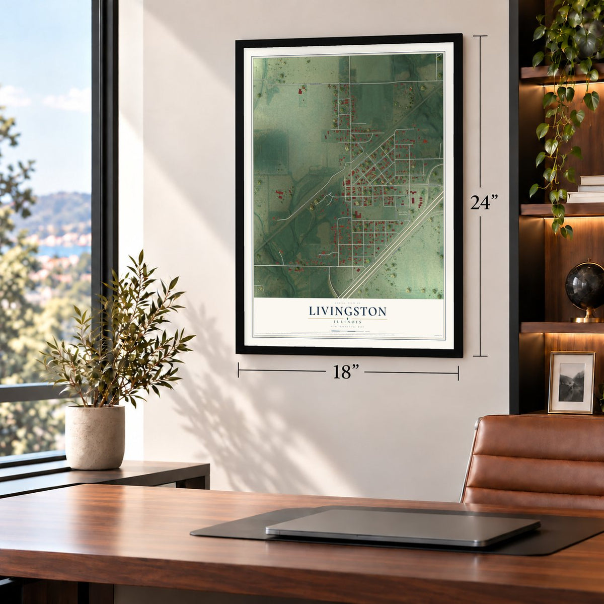 Livingston, Illinois map, 18 x 24 inch print in a black frame in a home office