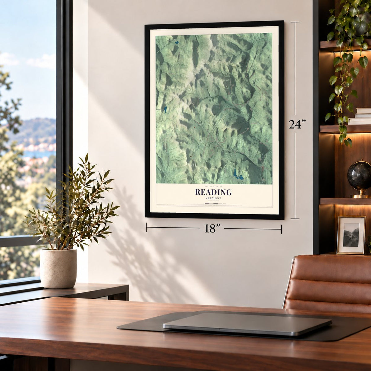 Reading, Vermont map, 18 x 24 inch print in a black frame in a home office