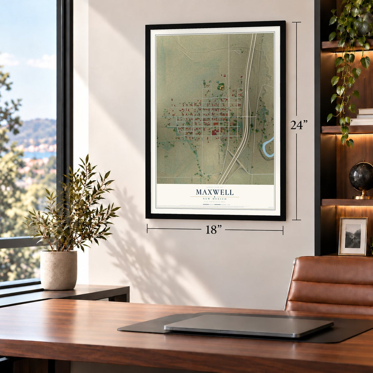 Maxwell, New Mexico map, 18 x 24 inch print in a black frame in a home office