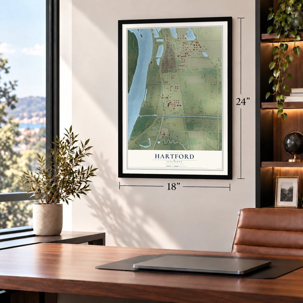 Hartford, Illinois map, 18 x 24 inch print in a black frame in a home office