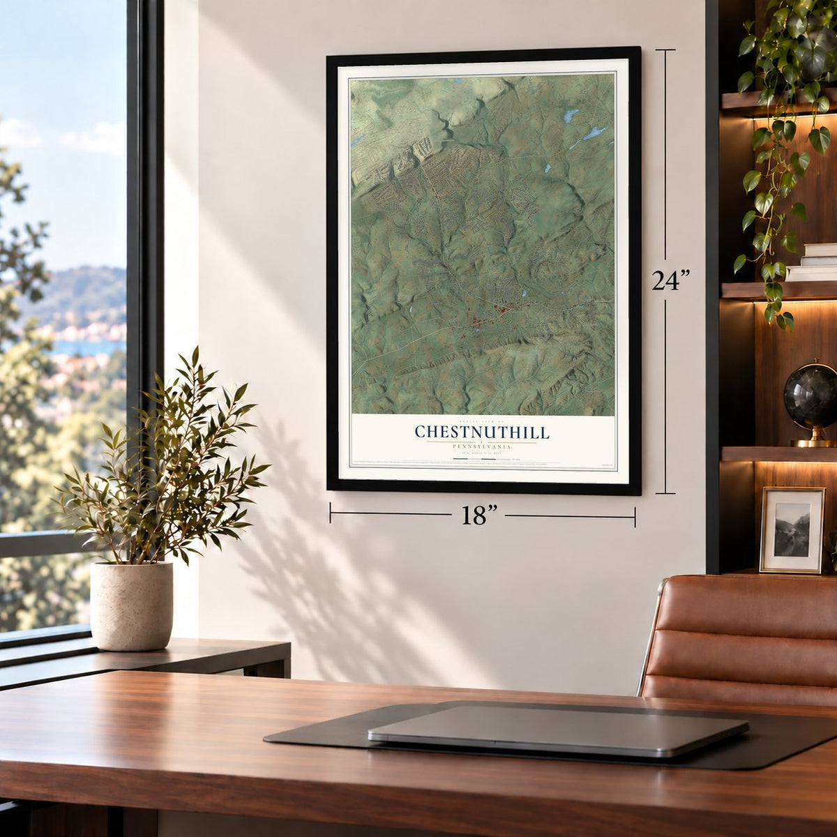 Chestnuthill, Pennsylvania map, 18 x 24 inch print in a black frame in a home office