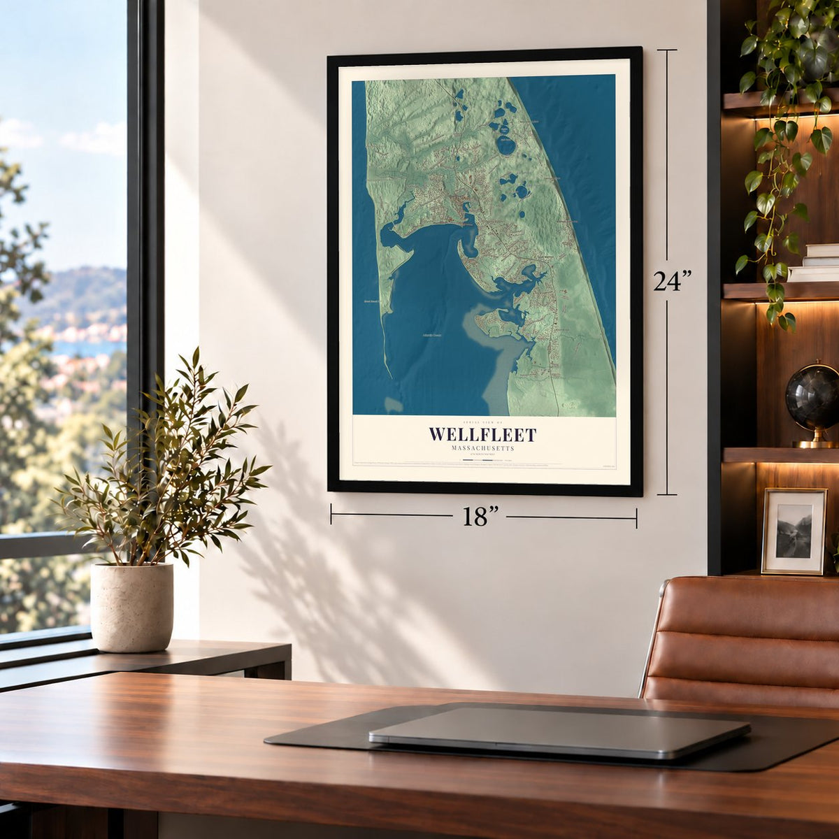 Wellfleet, Massachusetts map, 18 x 24 inch print in a black frame in a home office