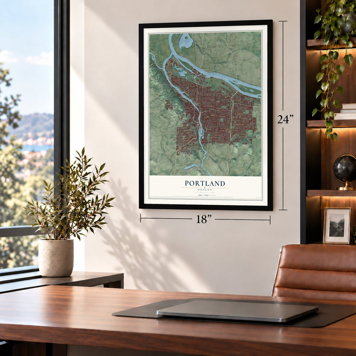 Portland, Oregon map, 18 x 24 inch print in a black frame in a home office