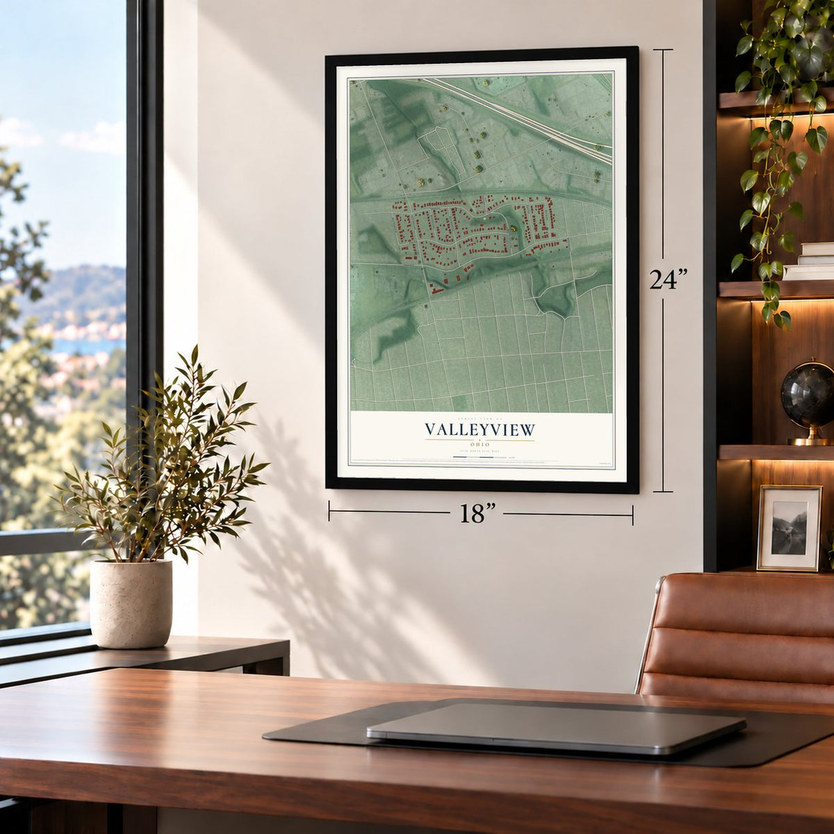 Valleyview, Ohio map, 18 x 24 inch print in a black frame in a home office