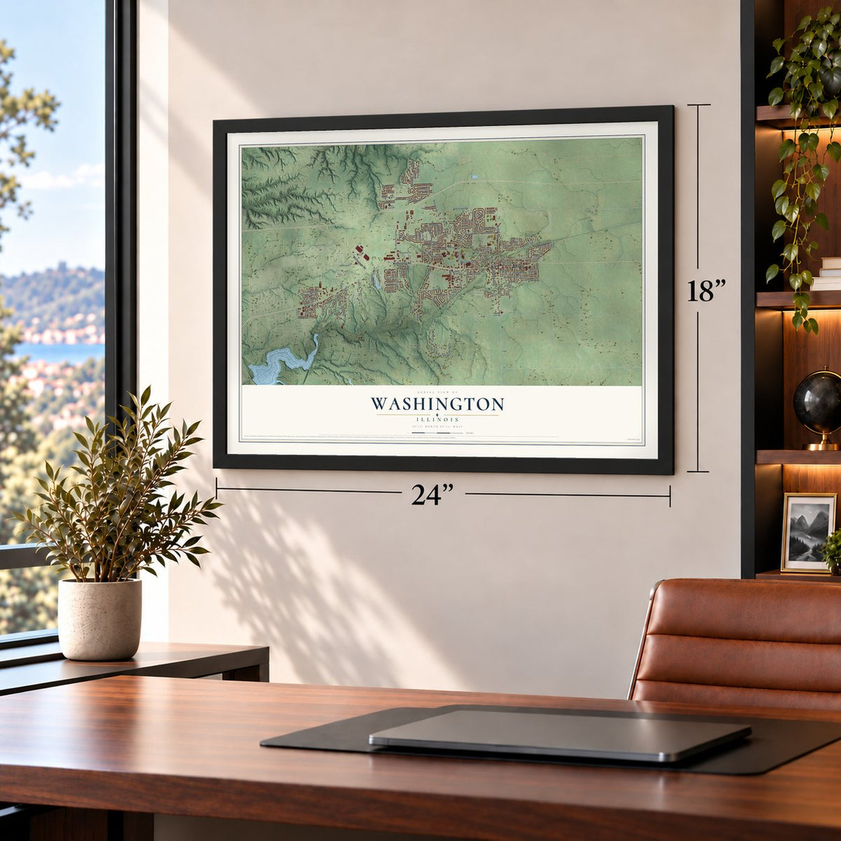 Washington, Illinois map, 18 x 24 inch print in a black frame in a home office