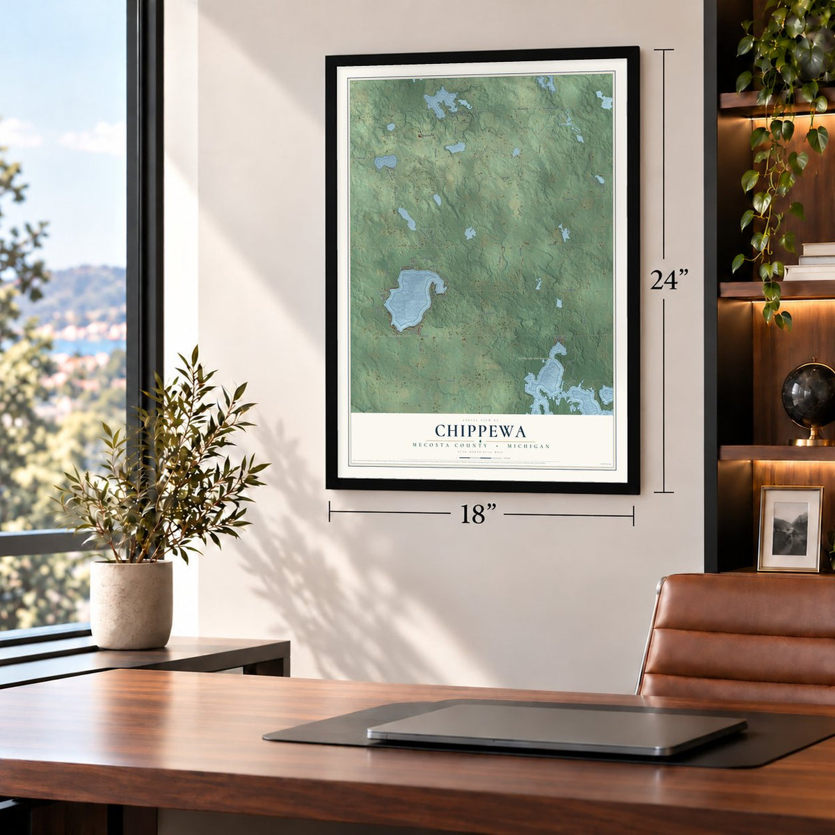 Chippewa, Mecosta County, Michigan map, 18 x 24 inch print in a black frame in a home office