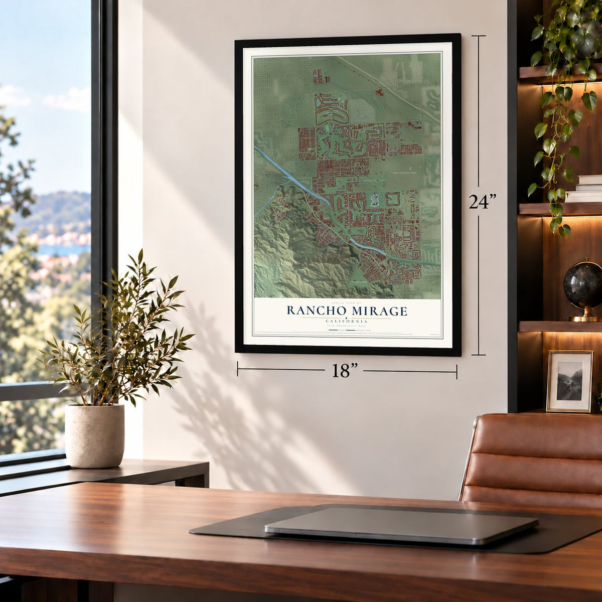 Rancho Mirage, California map, 18 x 24 inch print in a black frame in a home office