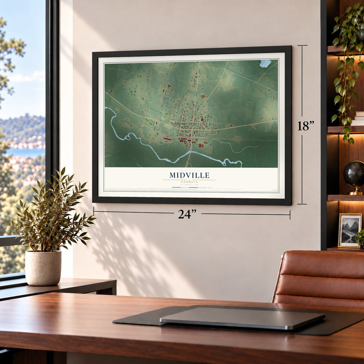 Midville, Georgia map, 18 x 24 inch print in a black frame in a home office