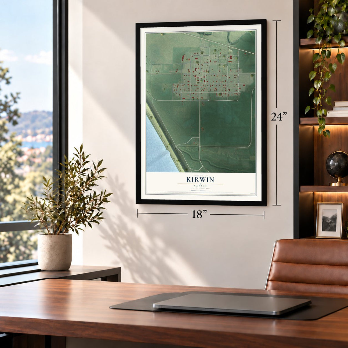 Kirwin, Kansas map, 18 x 24 inch print in a black frame in a home office