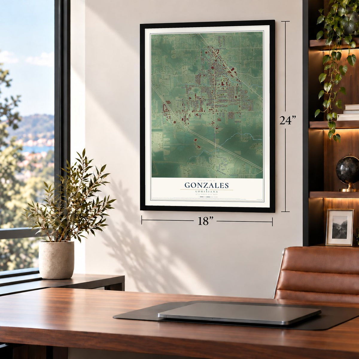 Gonzales, Louisiana map, 18 x 24 inch print in a black frame in a home office