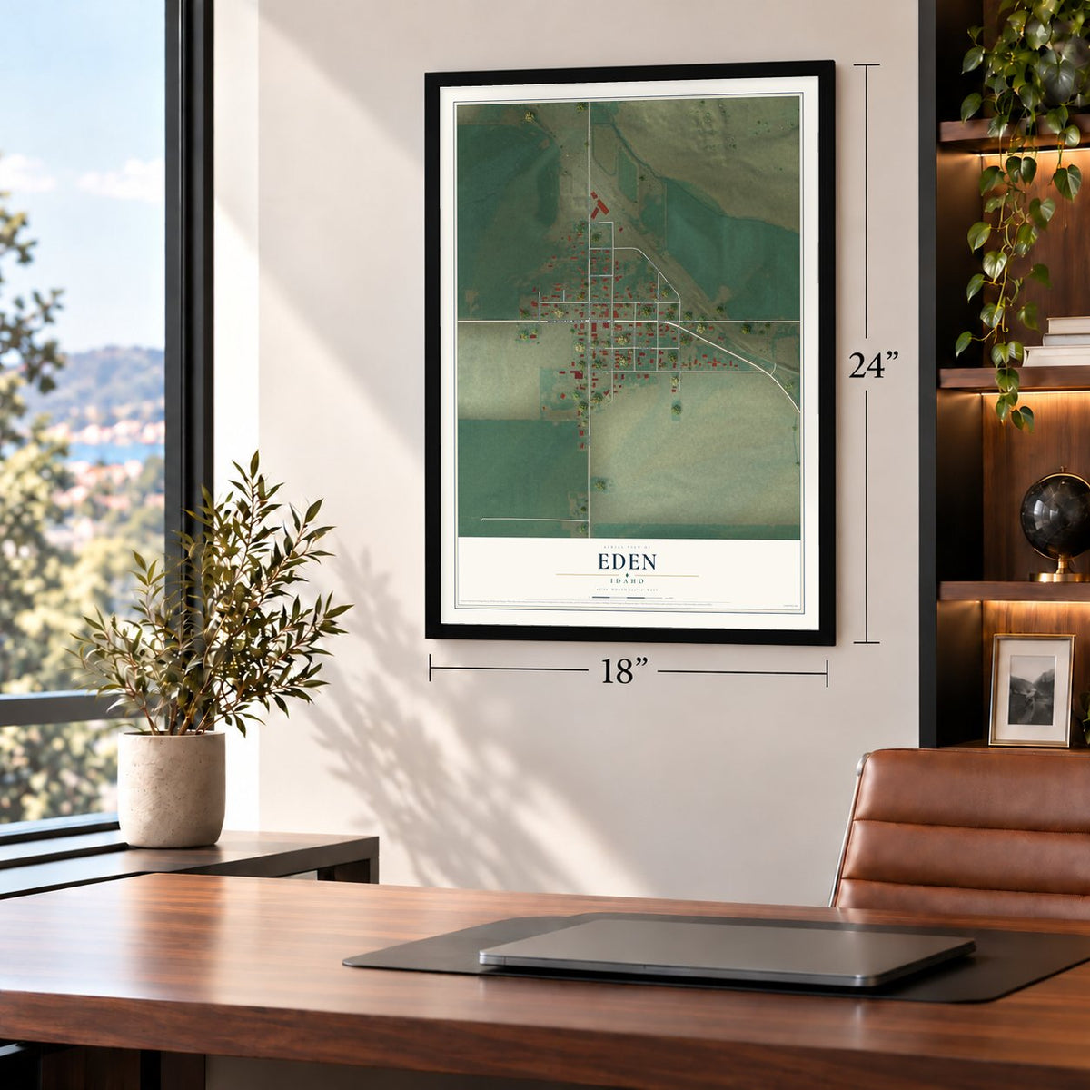 Eden, Idaho map, 18 x 24 inch print in a black frame in a home office