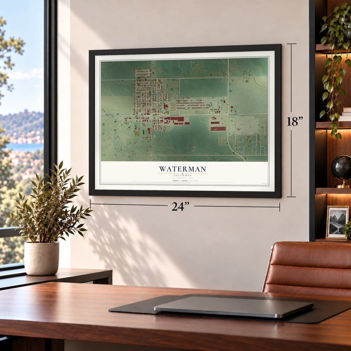 Waterman, Illinois map, 18 x 24 inch print in a black frame in a home office