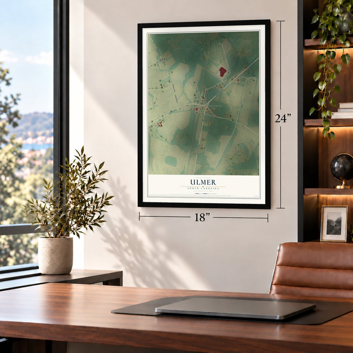 Ulmer, South Carolina map, 18 x 24 inch print in a black frame in a home office