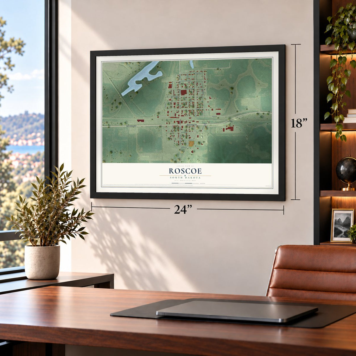 Roscoe, South Dakota map, 18 x 24 inch print in a black frame in a home office
