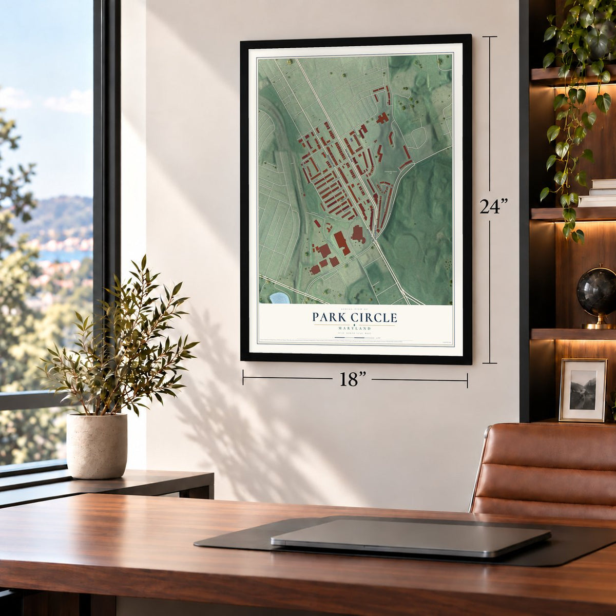 Park Circle, Maryland map, 18 x 24 inch print in a black frame in a home office