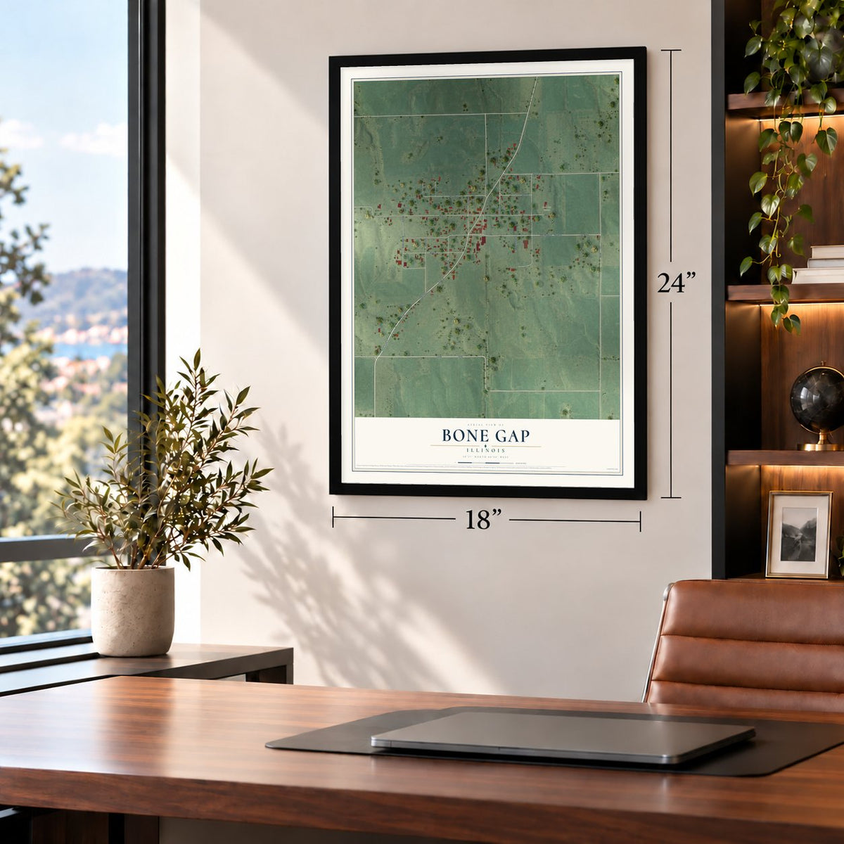 Bone Gap, Illinois map, 18 x 24 inch print in a black frame in a home office