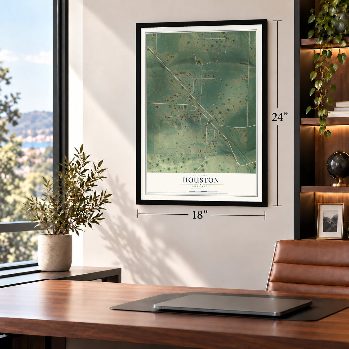 Houston, Arkansas map, 18 x 24 inch print in a black frame in a home office