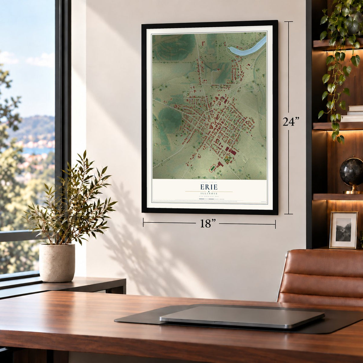 Erie, Illinois map, 18 x 24 inch print in a black frame in a home office