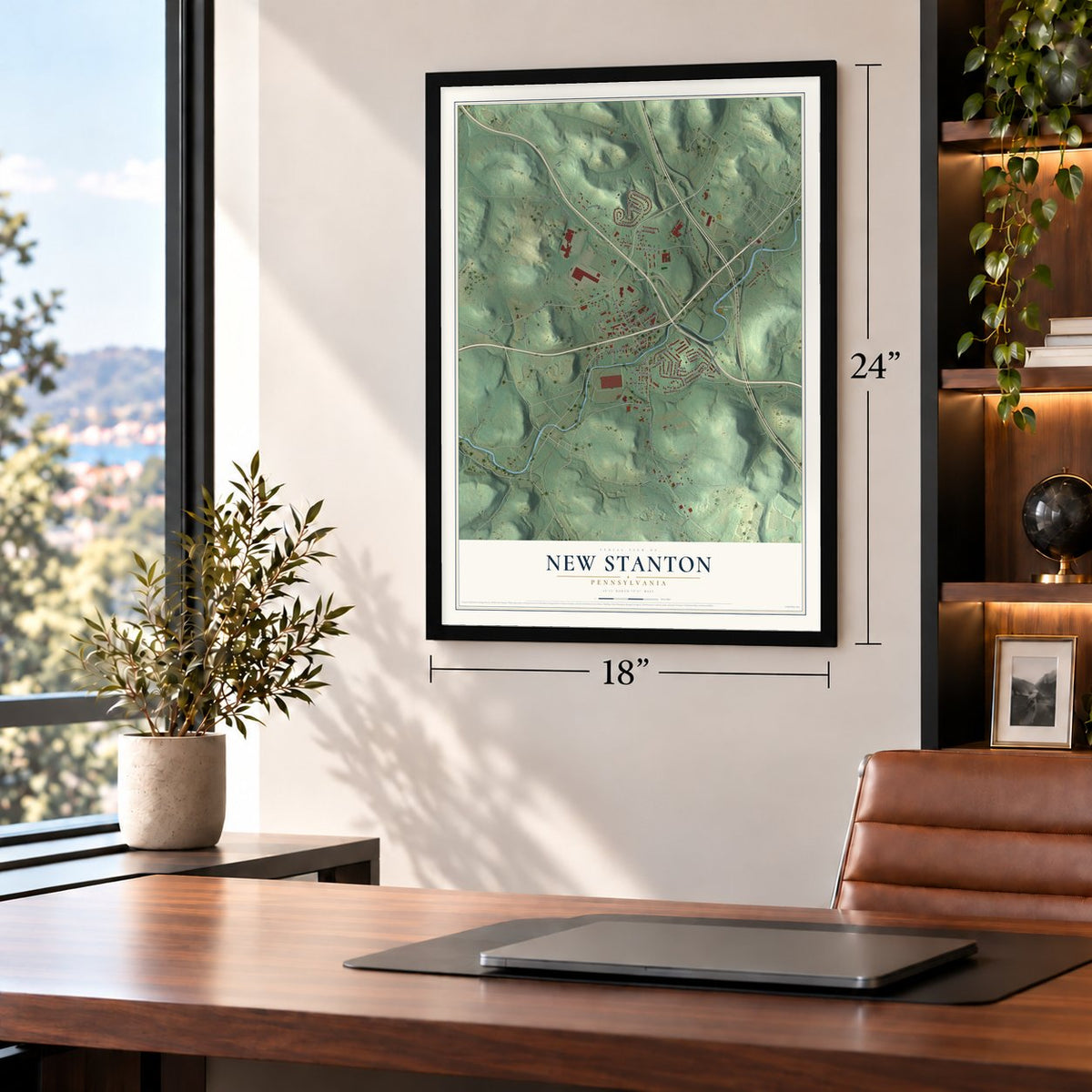 New Stanton, Pennsylvania map, 18 x 24 inch print in a black frame in a home office