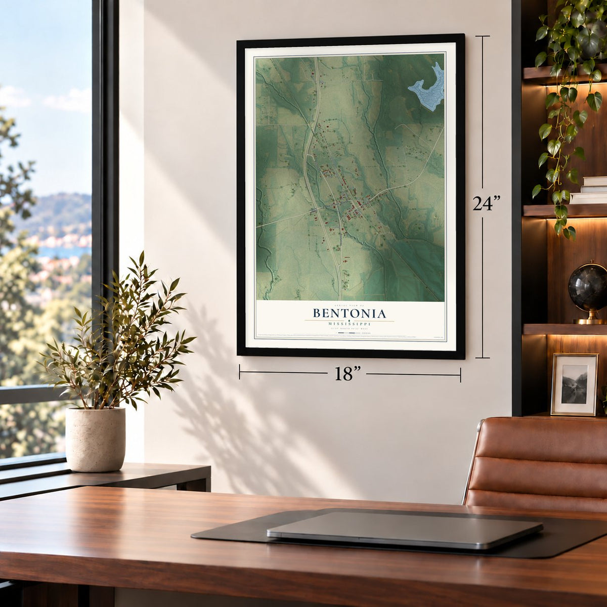 Bentonia, Mississippi map, 18 x 24 inch print in a black frame in a home office