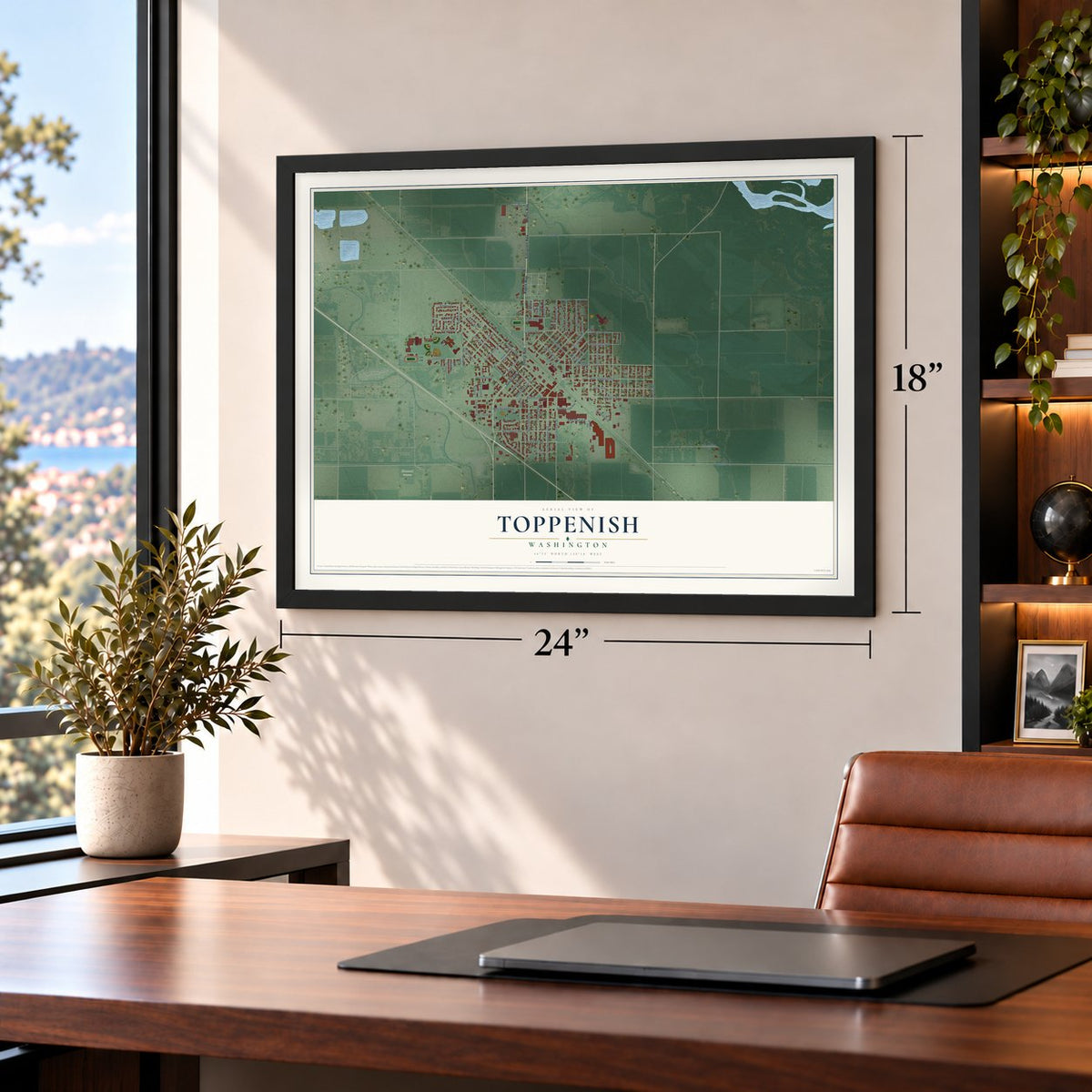 Toppenish, Washington map, 18 x 24 inch print in a black frame in a home office
