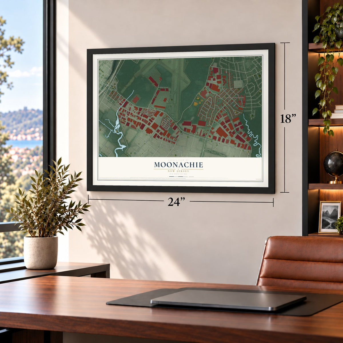 Moonachie, New Jersey map, 18 x 24 inch print in a black frame in a home office