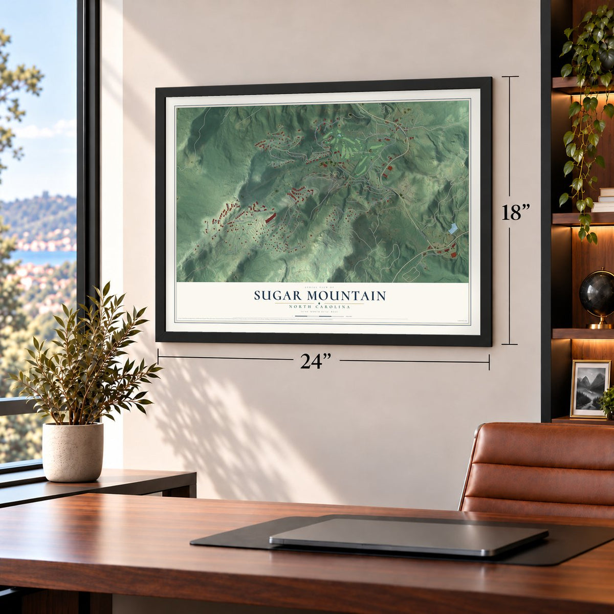 Sugar Mountain, North Carolina map, 18 x 24 inch print in a black frame in a home office
