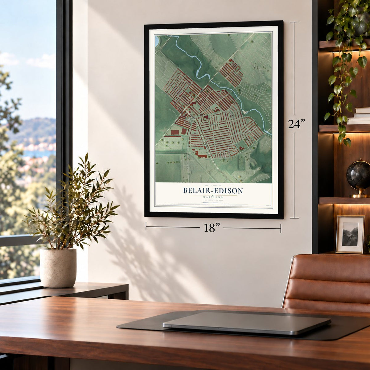 Belair-Edison, Maryland map, 18 x 24 inch print in a black frame in a home office