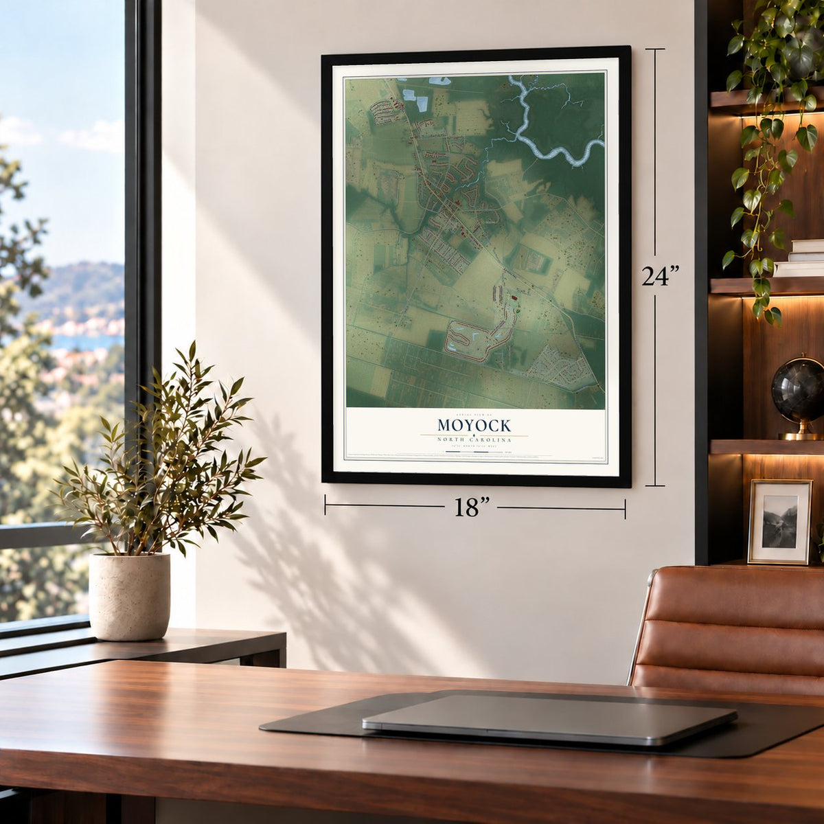 Moyock, North Carolina map, 18 x 24 inch print in a black frame in a home office