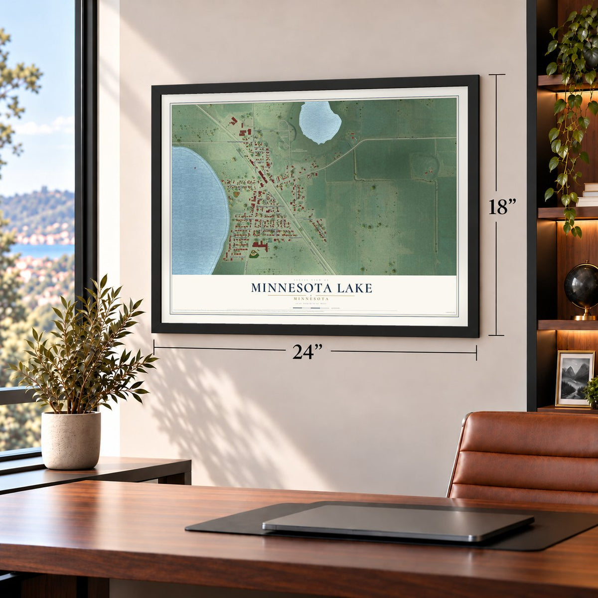 Minnesota Lake, Minnesota map, 18 x 24 inch print in a black frame in a home office