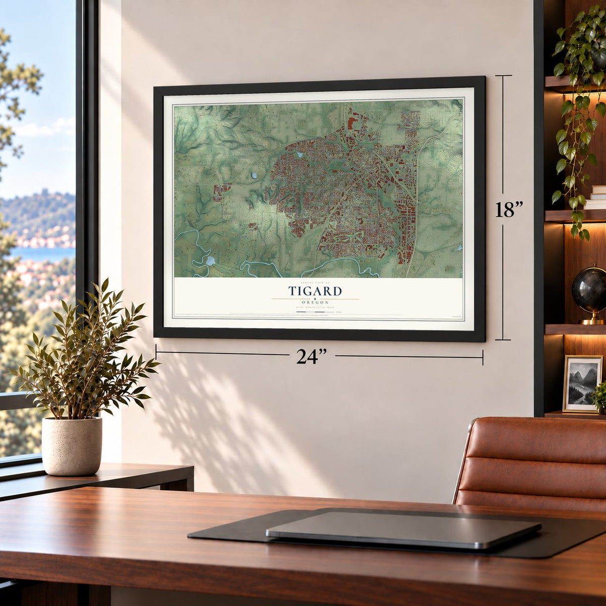 Tigard, Oregon map, 18 x 24 inch print in a black frame in a home office