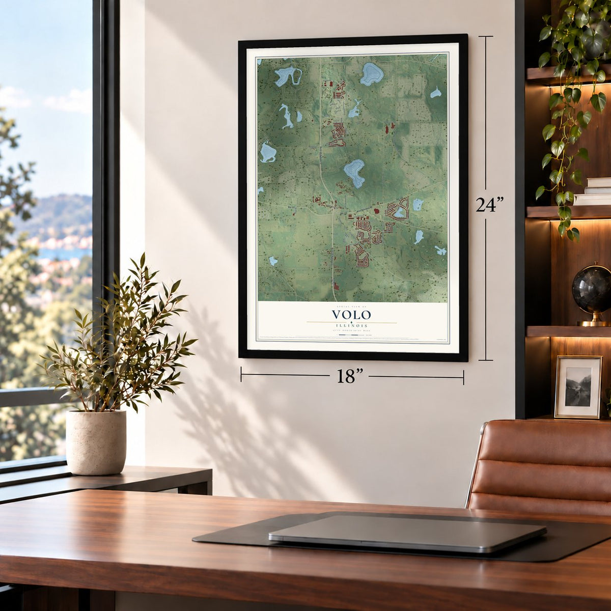 Volo, Illinois map, 18 x 24 inch print in a black frame in a home office