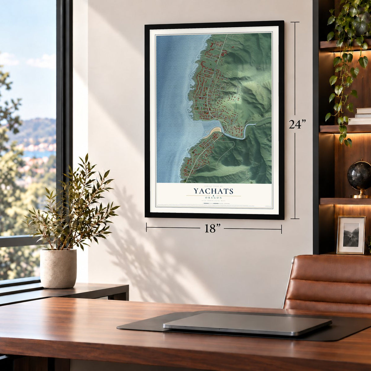 Yachats, Oregon map, 18 x 24 inch print in a black frame in a home office