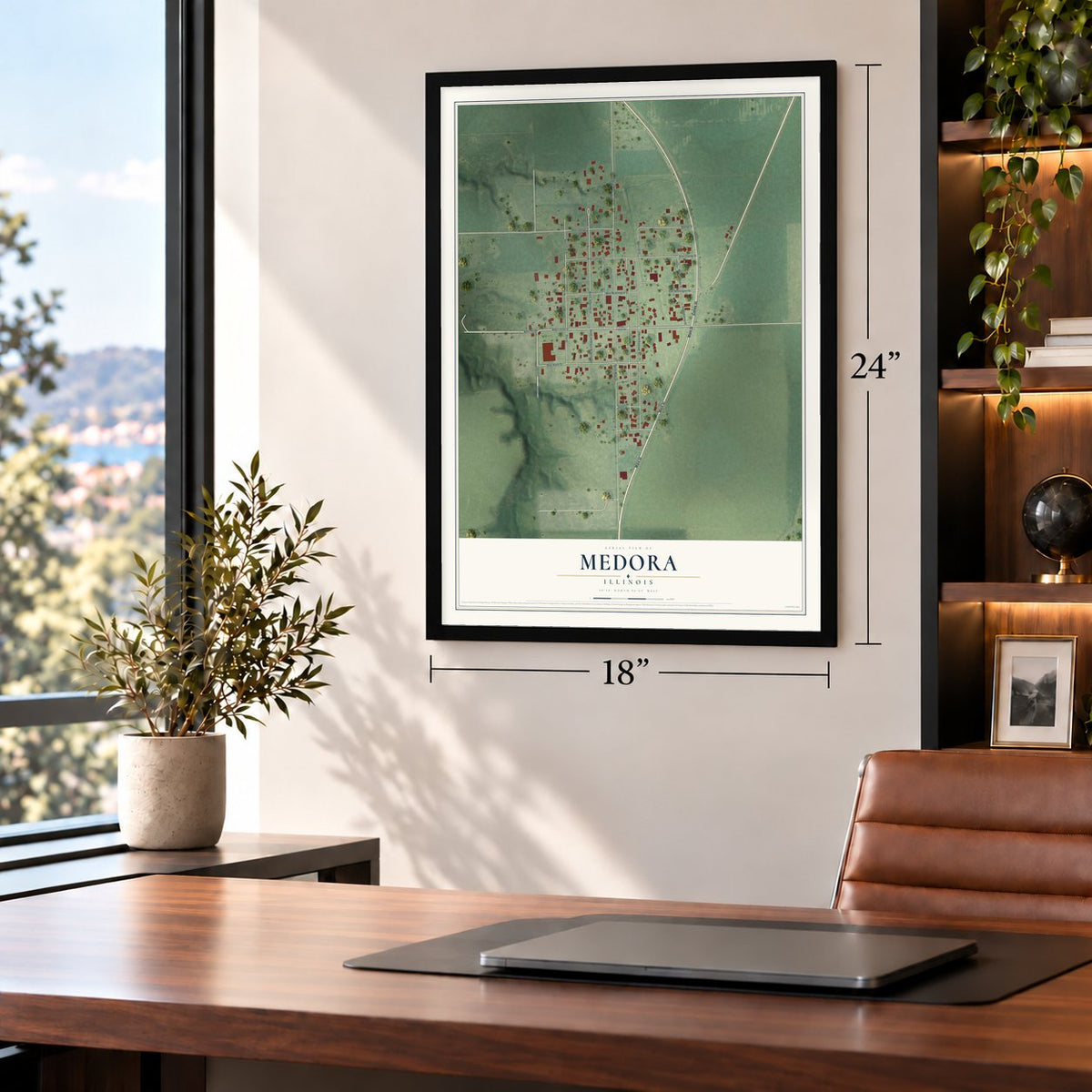 Medora, Illinois map, 18 x 24 inch print in a black frame in a home office