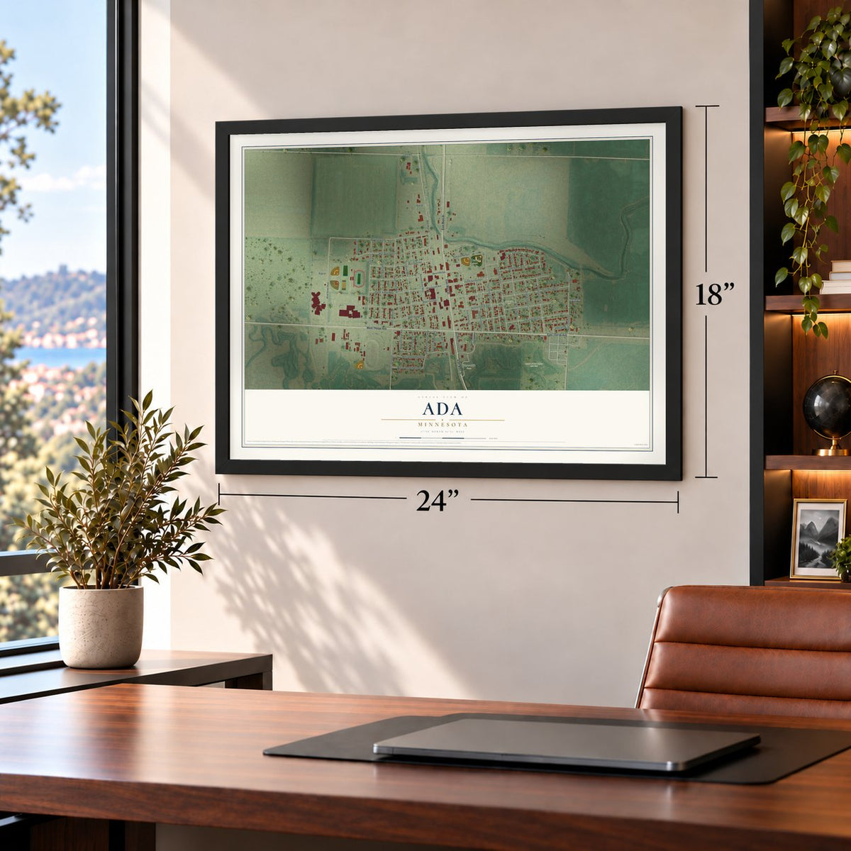Ada, Minnesota map, 18 x 24 inch print in a black frame in a home office